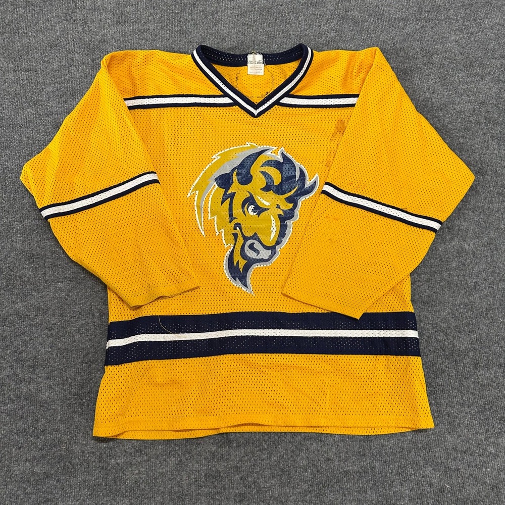 Athletic Knit Hockey Jersey Mens Size L Yellow Buffalo Mesh State Farm Canada